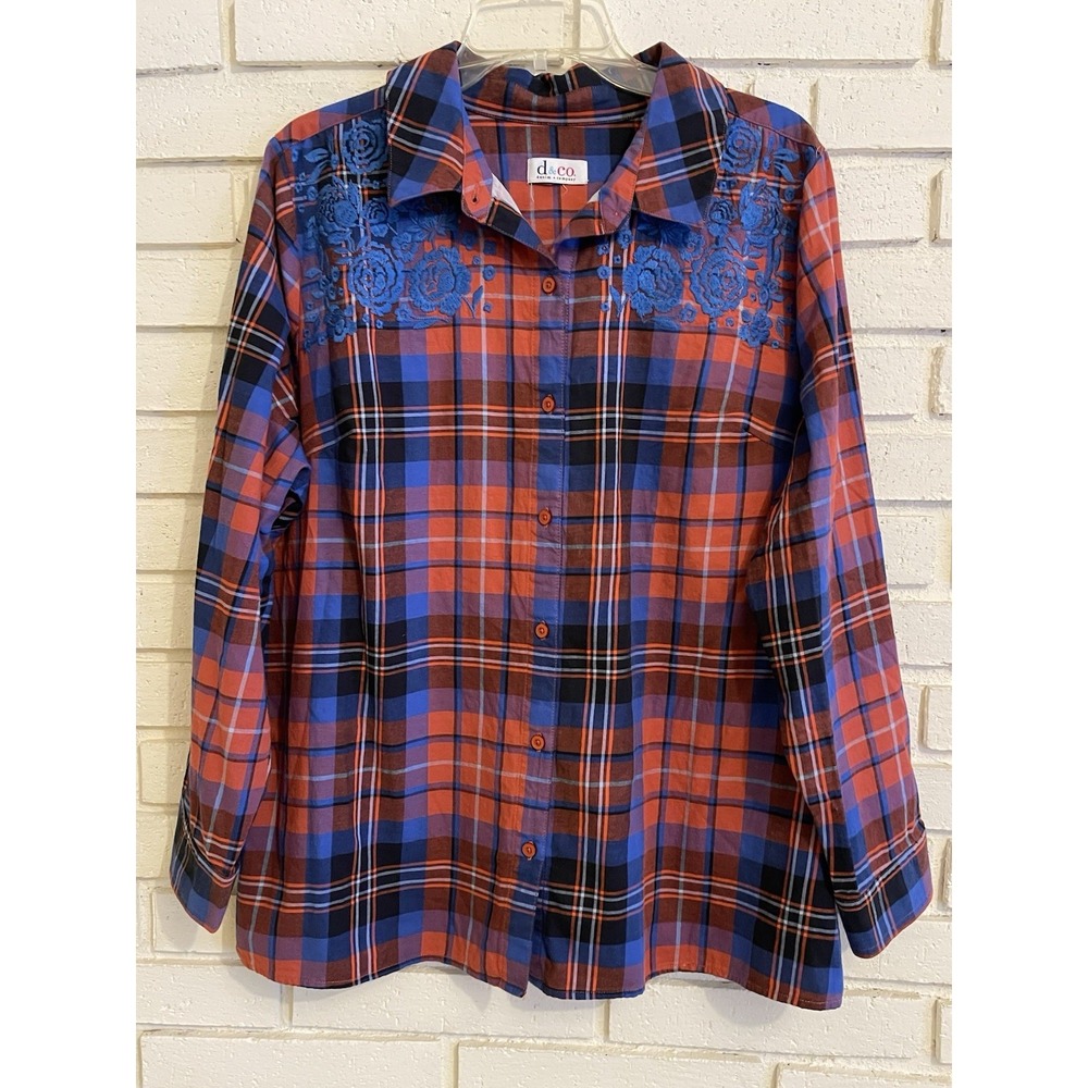 D&Co Women's 1X Blue Plaid Floral Embroidered Button Front Roll‎ Tab Sleeve Top